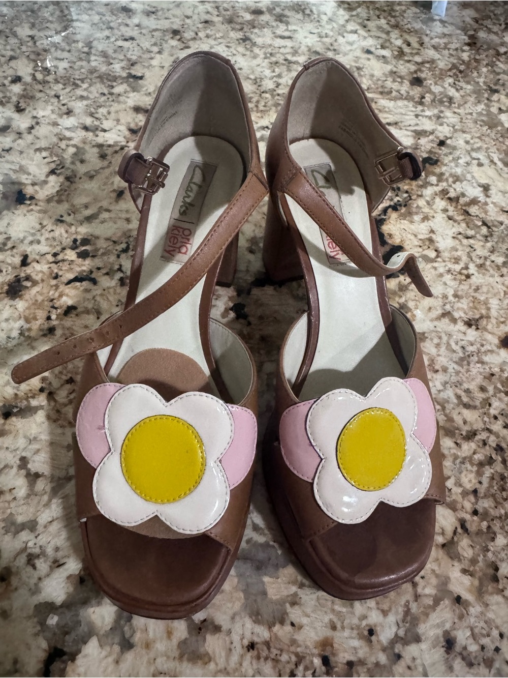Clarks Brown Leather Mary Jane Heels with Pink and Yellow Flower Appliqués